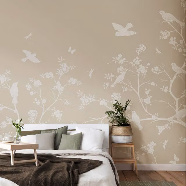 Origin Murals Blossom Trail Floral Wall Mural in Natural Stone, Grey and Beige, 300cm