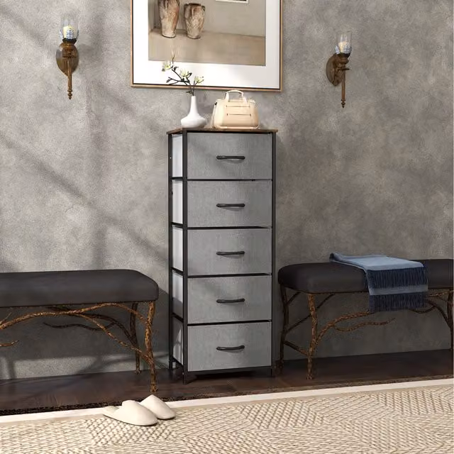 HOMCOM Chest of Drawers Cloth Organiser with 5 Fabric Drawers and Steel Frame, Rustic Brown