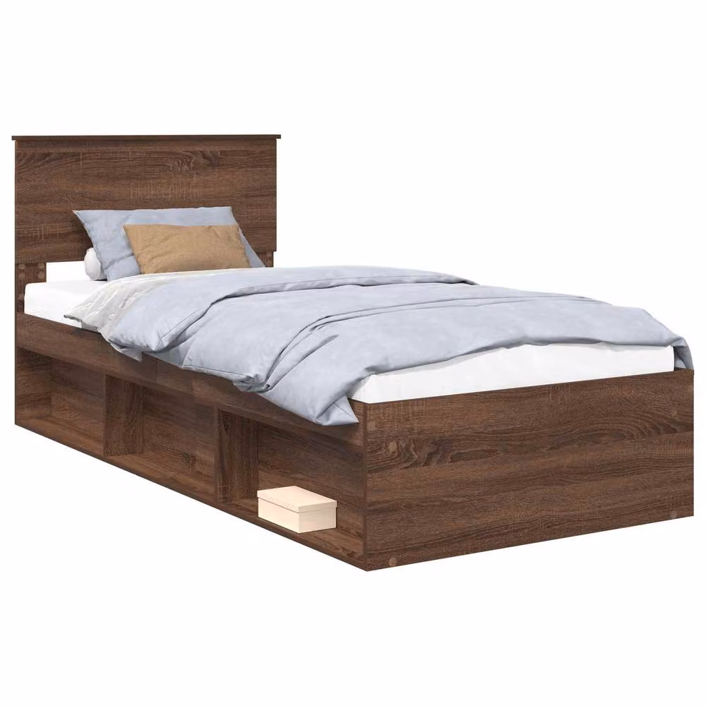 Berkfield Home Modern Bed Frame with Headboard in Brown Oak and Solid Pine Wood, W/D/H: 90 x 190 cm – 2