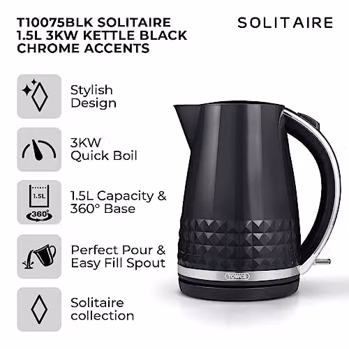 Tower Solitaire Kettle in Black with Chrome Accents, 1.5L, 3kW, with Limescale Filter and Stainless Steel Elements – 2