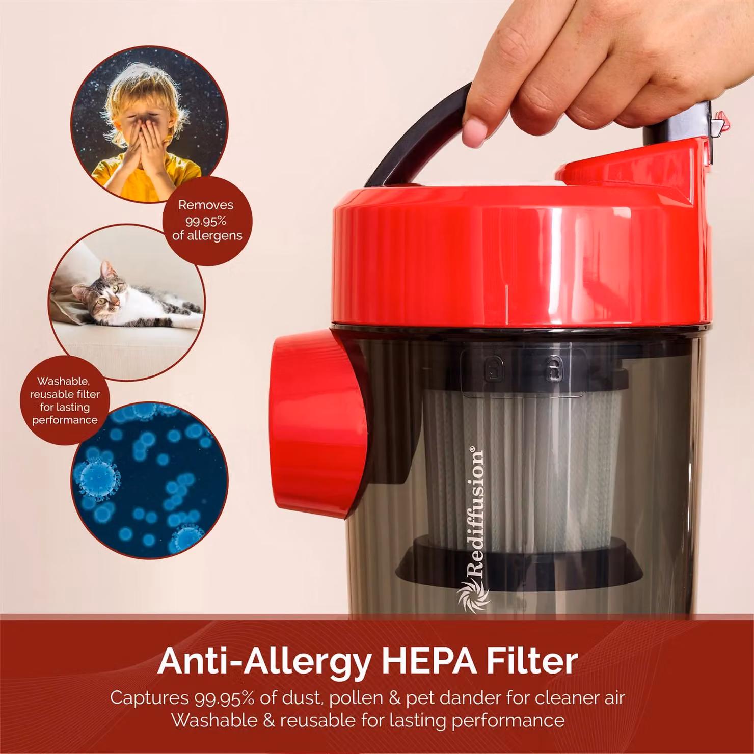Rediffusion Multi Cyclonic Bagless HEPA Vacuum Cleaner in Red – 4