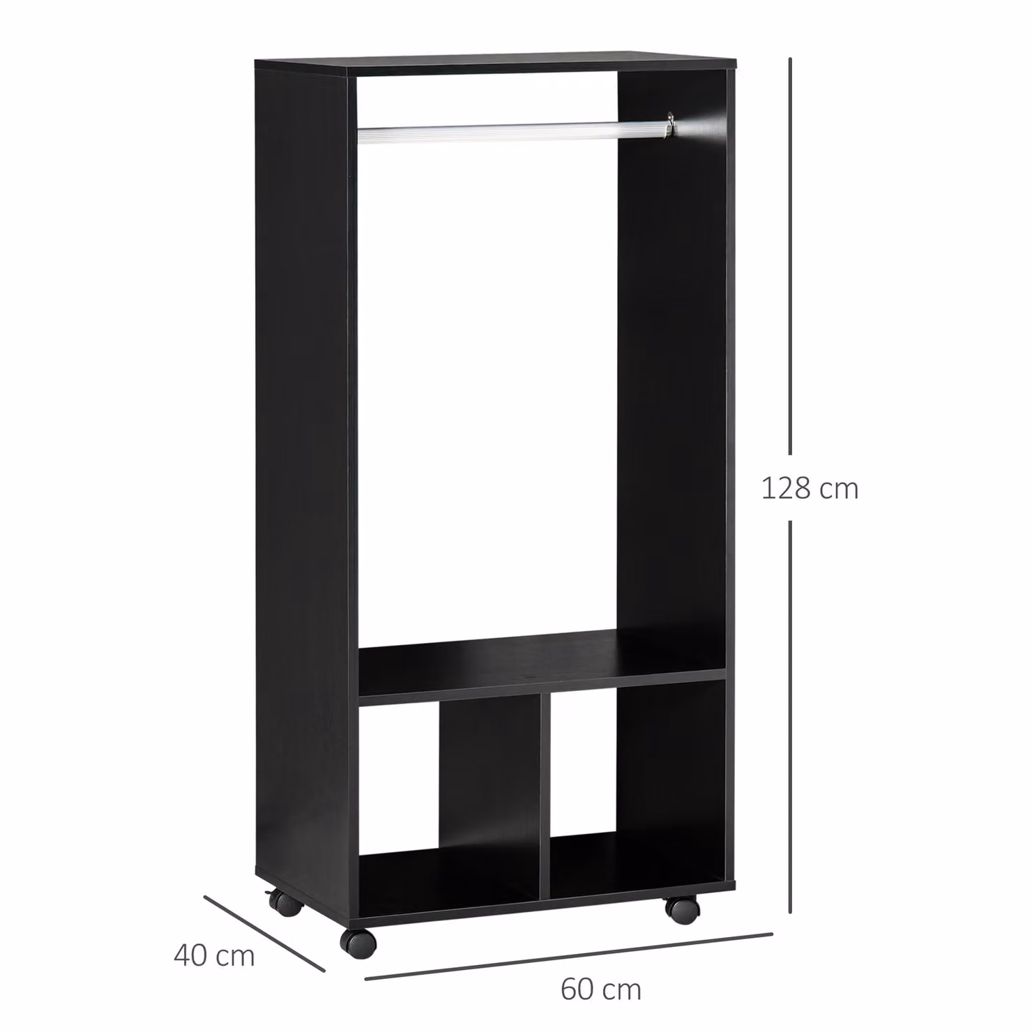 HOMCOM Mobile Open Wardrobe with Clothes Hanging Rail and Storage Shelves in Black – 3