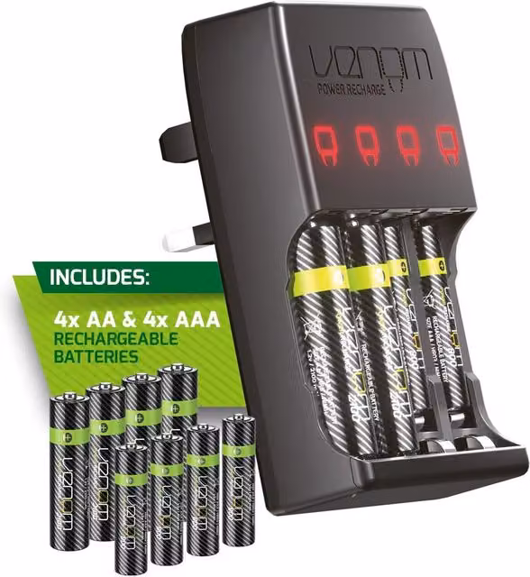 Venom Plug In Wall Charger with 4 x AA and 4 x AAA Rechargeable Batteries, Black