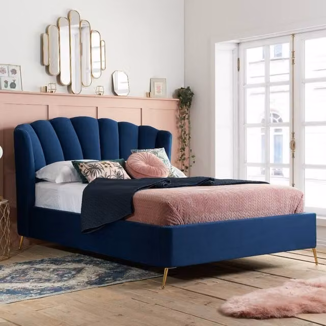 Birlea Lottie Velvet Fabric Ottoman Bed Frame in Blue, King Size (180 x 200 cm)