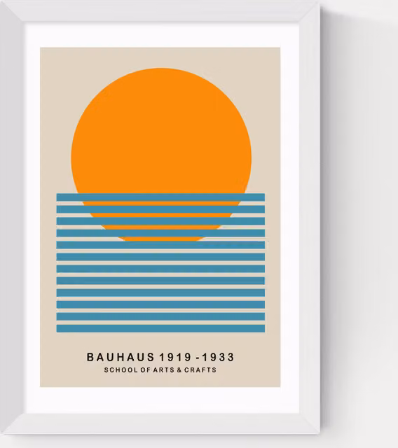 East End Prints Bauhaus Mid Century Sun Abstract Geometric Framed Art in White and Multicolour