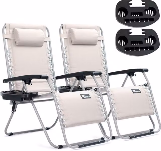 SUNMER Set of 2 Grey Fabric Recliner Chairs with Metal Frame, Armrests, Cup Holders and Adjustable Headrests