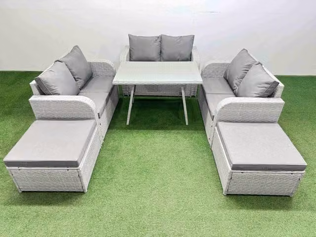 Fimous 8-Seater Patio Rectangular Table and Love Sofa Set with 2 Large Stools in Light Grey