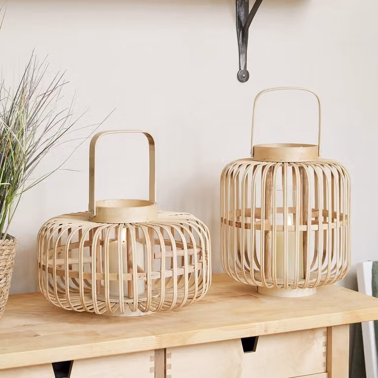 Lights4fun Bamboo Garden Lantern Duo with TruGlow Pillar Candles in Beige