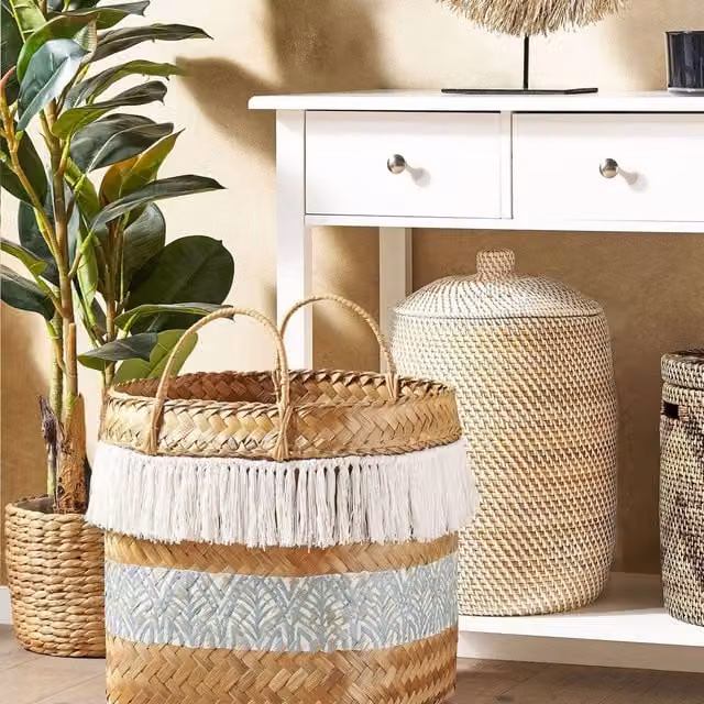 Wyld and Coco Boho Bamboo Basket with Handles, Blue and White Pattern, Diameter: 42 cm – 1