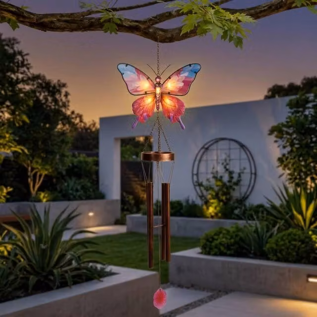 Garden Greatness Butterfly Design Solar Metal Windchime in Red and Multicolour – 1