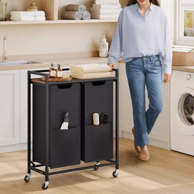 VASAGLE Laundry Basket Sorter Cart in Ink Black and Rustic Brown