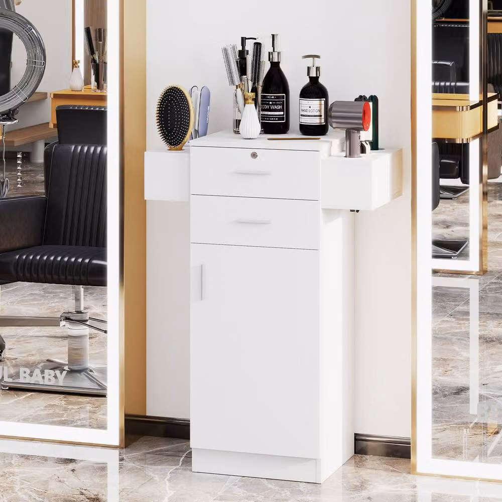 Costway White Locking Beauty Salon Storage Cabinet and Styling Equipment Station with Hinged Doors and Drawers – 2