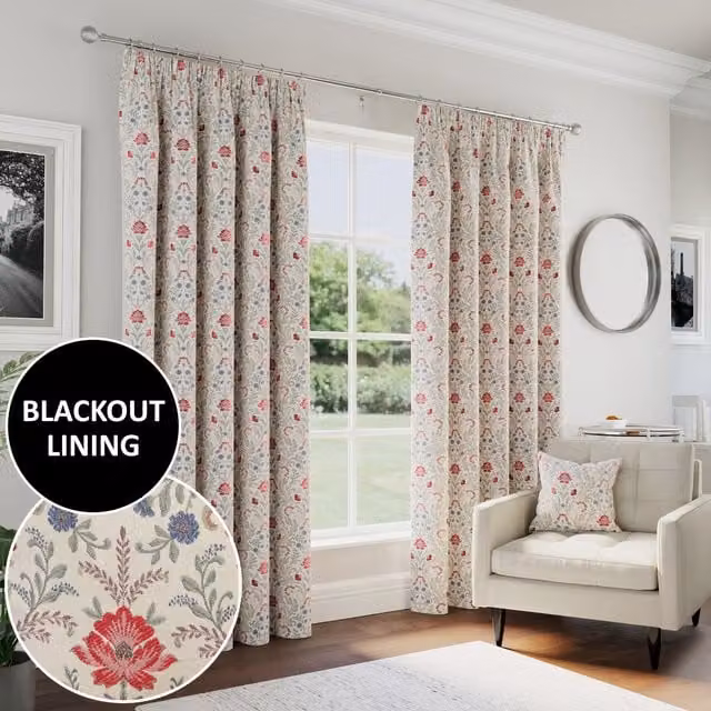 Enhanced Living Floral Blackout Pencil Pleat Curtains, Multicolour, Height: 229 cm, Width: 165 cm