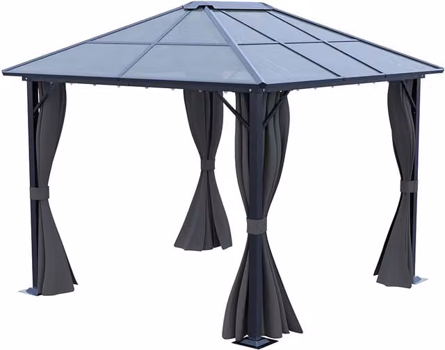 Livingandhome Metal Frame Hardtop Patio Gazebo with Curtains in Grey, W/D/H: 3 x 3 x 2.6 m