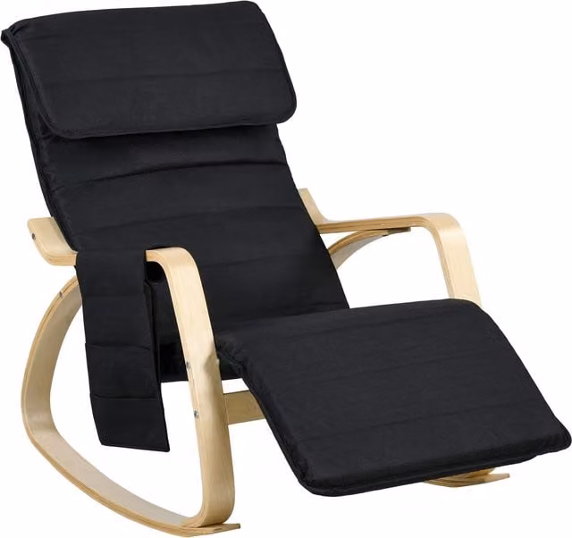 HOMCOM Black Fabric Rocking Recliner Armchair with Adjustable Footrest and Solid Birch Wood Frame