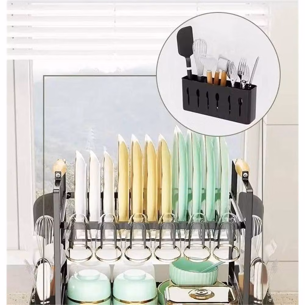 EONLION 2 Tier Kitchen Sink Dish Drainer Rack with Cutlery Holder, Black, Width: 100 cm – 3
