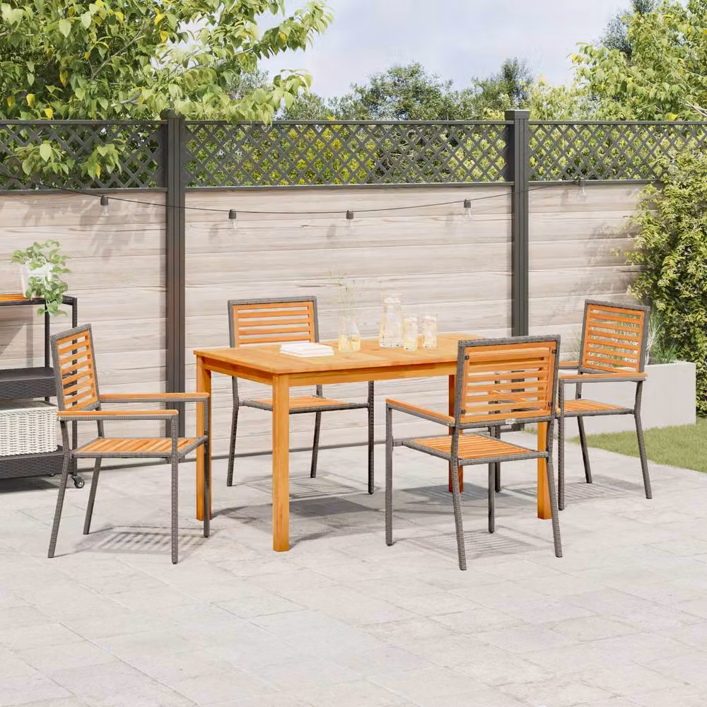 Berkfield Home 5 Piece Grey Poly Rattan and Acacia Wood Garden Dining Set – 3