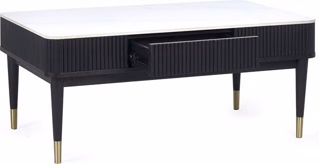 Julian Bowen Louis Fluted Coffee Table with White Marble Stone Top and 2 Drawers in Black and Gold