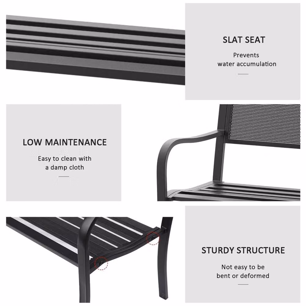 FORGEVIO Black Metal Garden Bench for 2 Adults – 3
