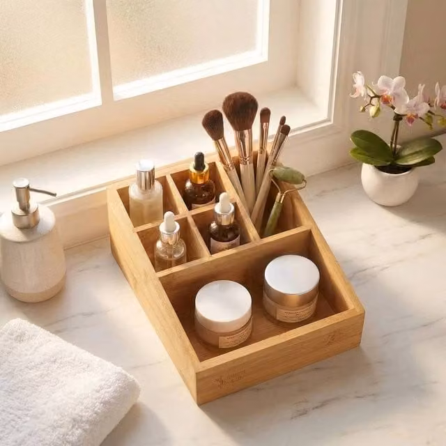 FLAVORA 6 Compartment Bamboo Cosmetic Storage Organiser in Natural Brown