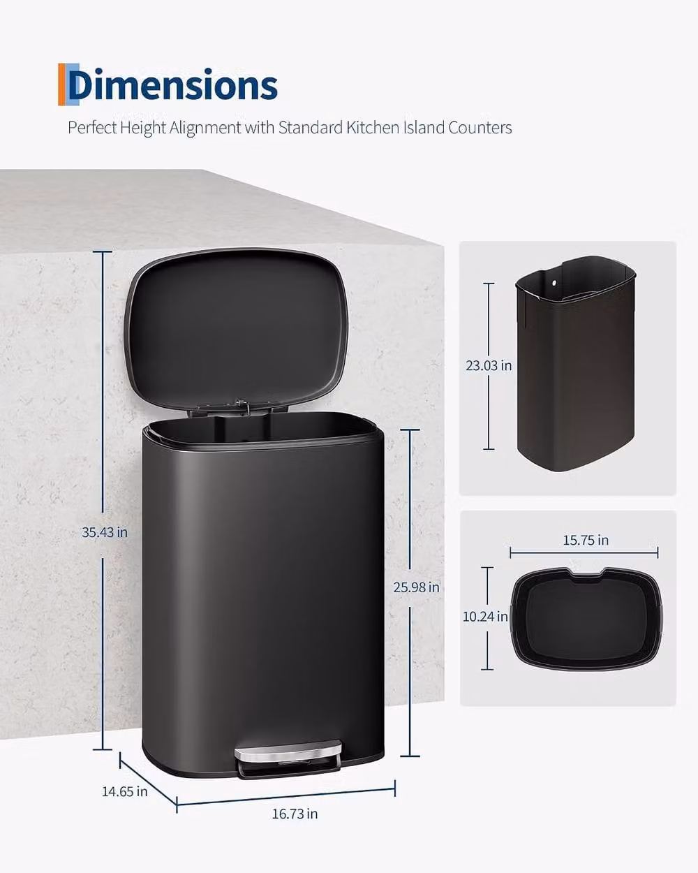 London Boutique Stainless Steel Pedal Kitchen Waste Bin with Removable Inner Bucket, Black, 50L – 4