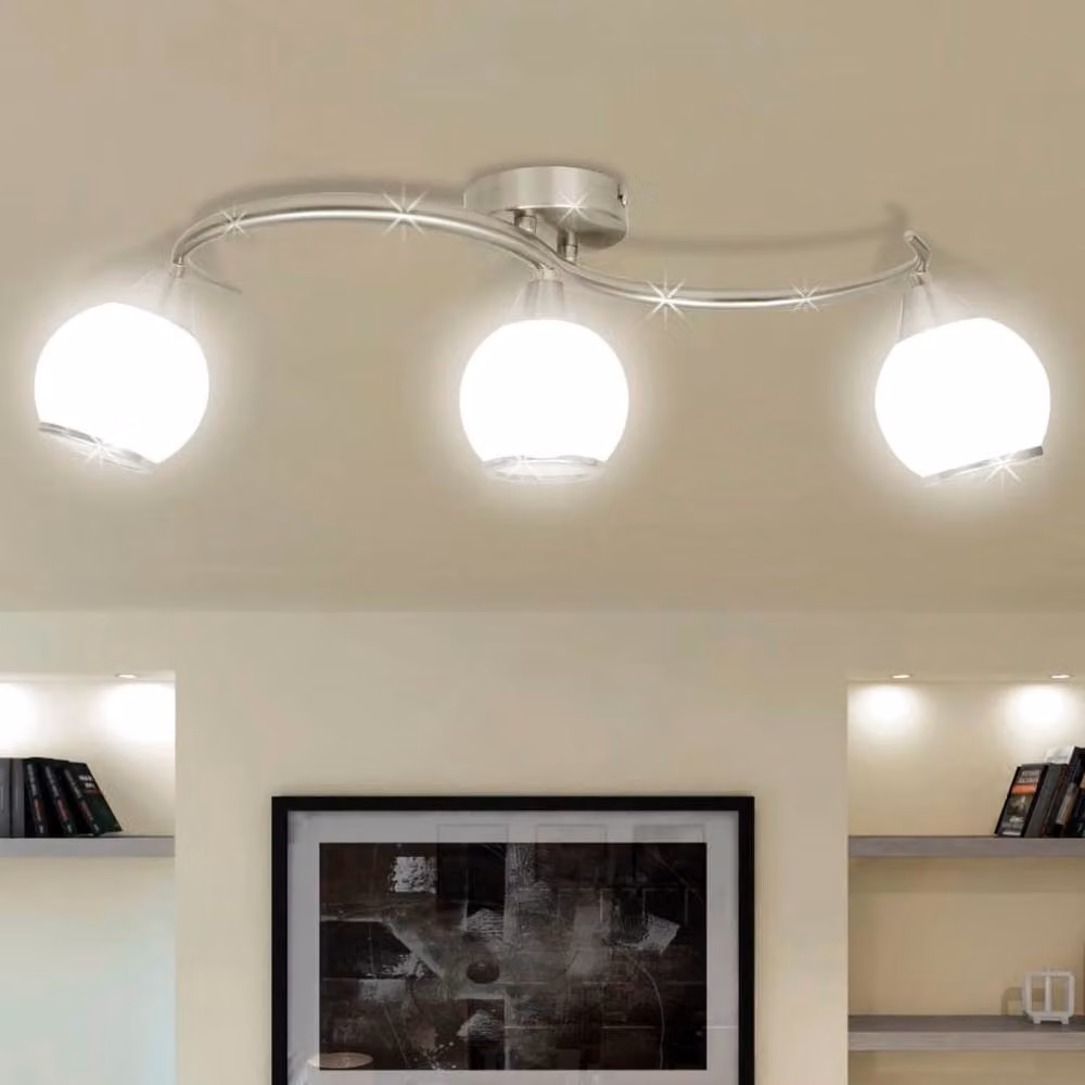 Berkfield Home Modern Ceiling Lamp with White Glass Sphere Shades and Silver Waving Rail for 3 x E14 Bulbs – 2