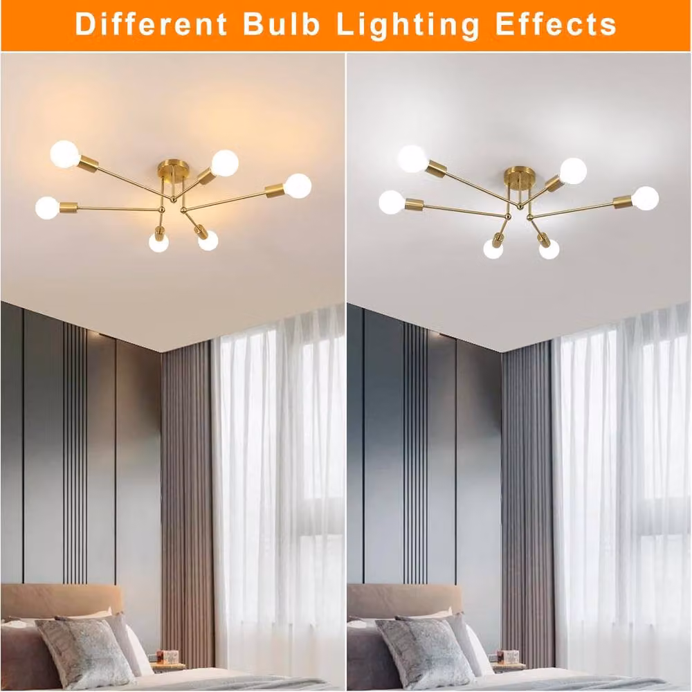 Goeco Sputnik Chandelier, Vintage 6-Bulb Industrial Metal Ceiling Light in Gold/Brass, E27 – 3