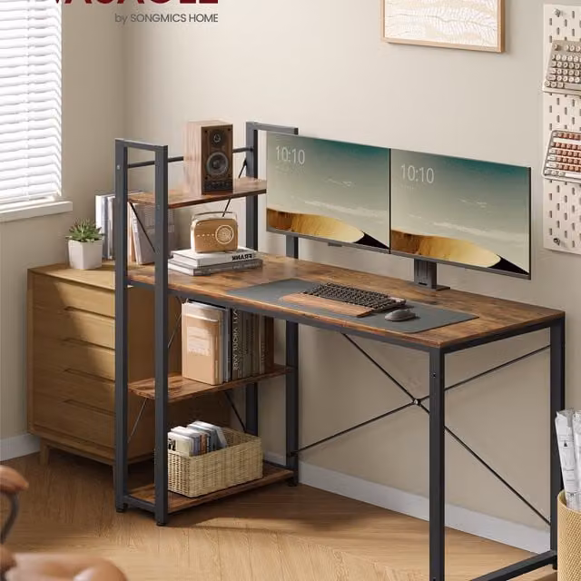 VASAGLE Computer Desk with Adjustable Storage Shelf, Bronze/Brown