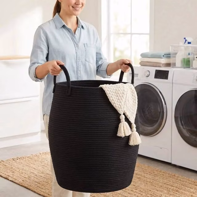 FORGEVIO 65L Collapsible Fabric Laundry Basket with Removable Bag, Black, H: 53 cm x W: 40 cm x D: 40 cm