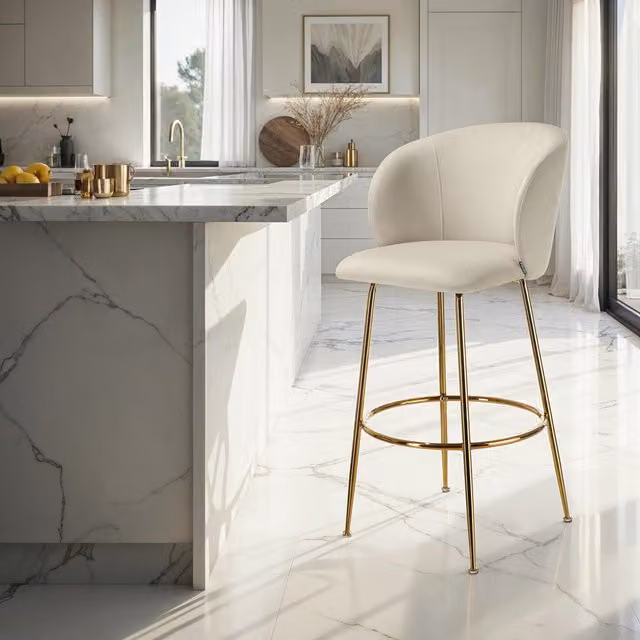 Tectake Luana Velvet Look Padded Bar Stool with Backrest in Beige and Gold