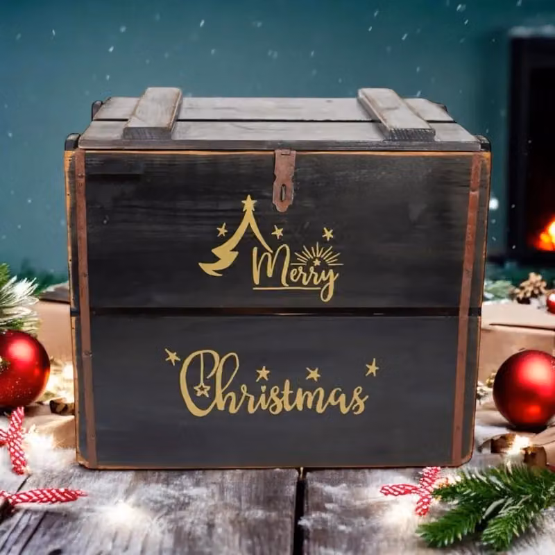 Minster Merry Christmas Wood Box with Lid, Black, W: 42 cm, D: 36 cm, H: 30 cm – 2