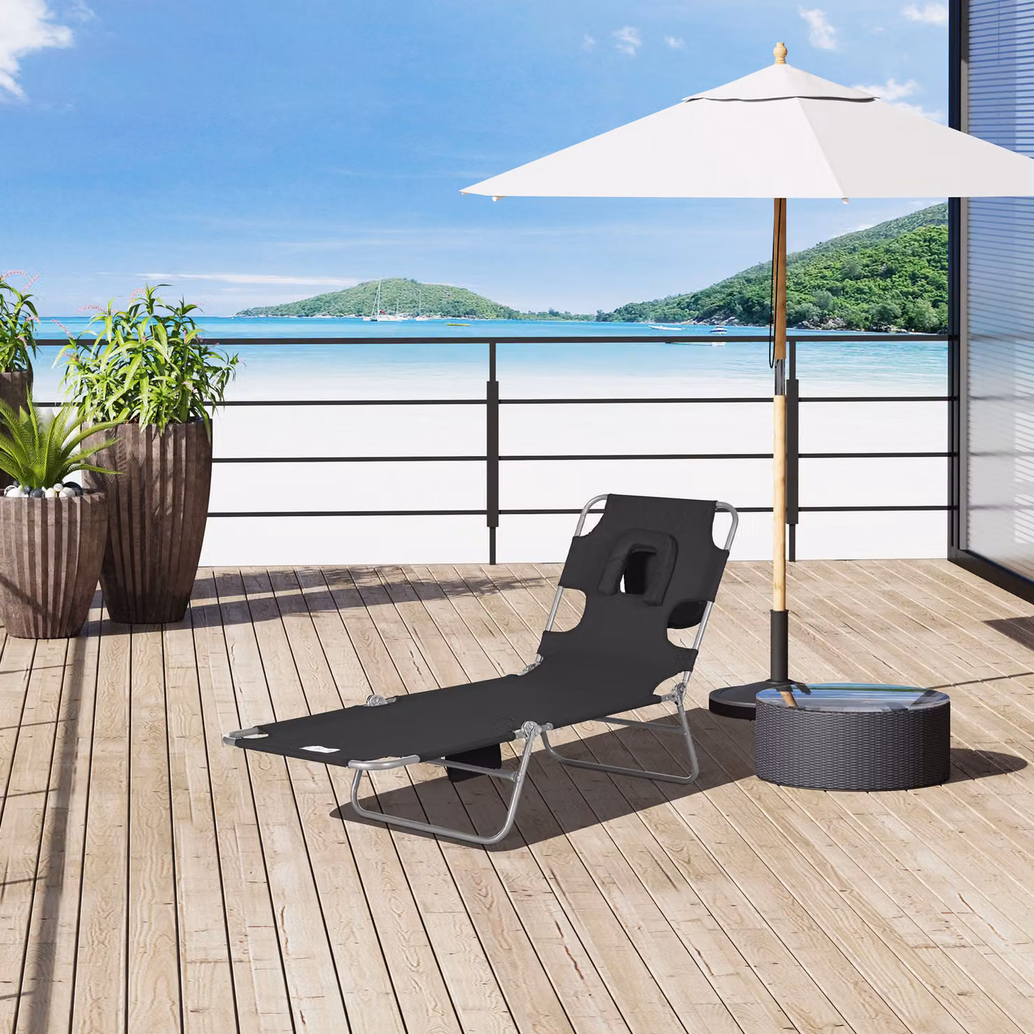 Outsunny Foldable Beach Chaise Lounge with Adjustable Backrest and Side Pocket, Black – 2