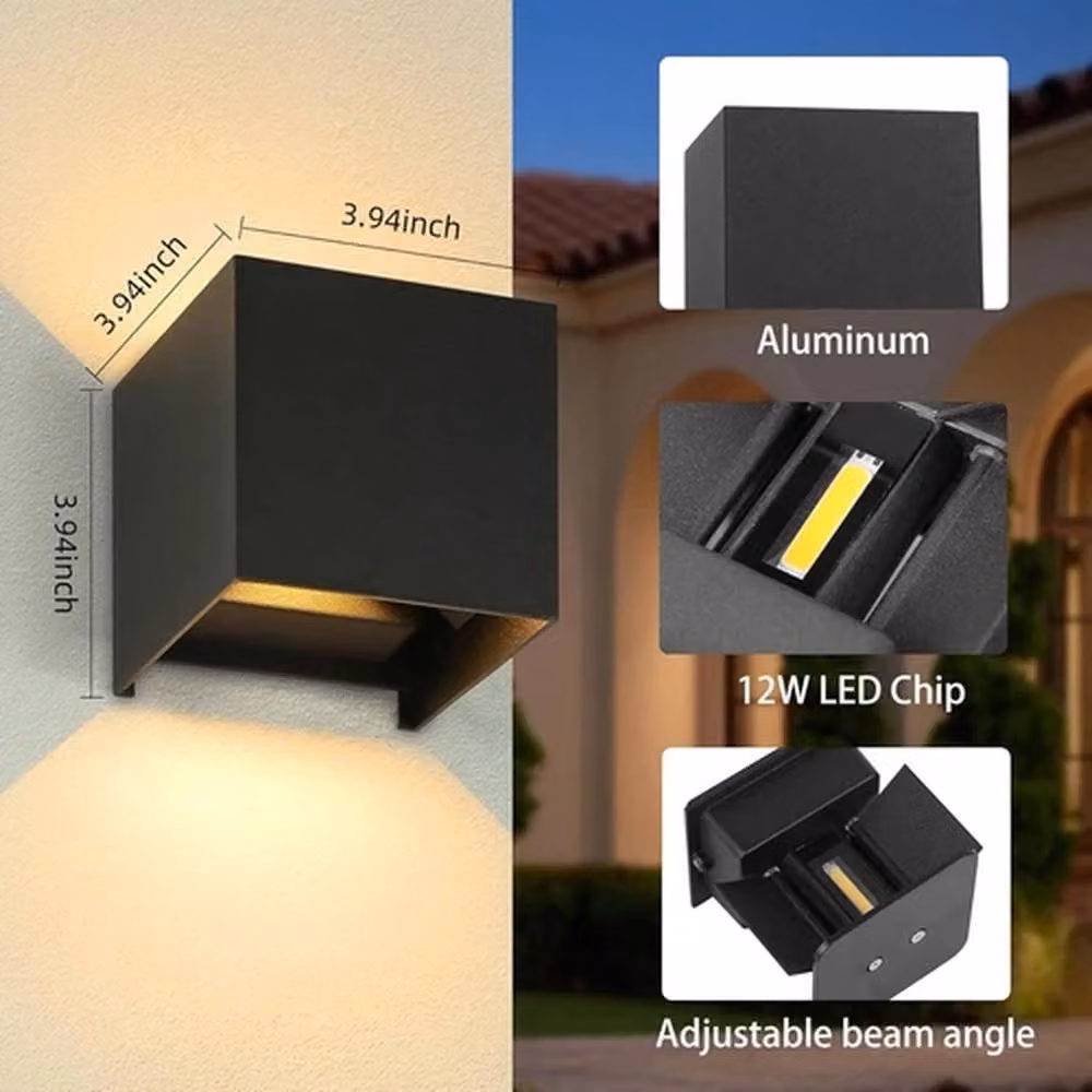 EONLION 2 Pack 12W Waterproof Modern Square LED Up and Down Wall Lights in Black with Warm White Light – 2