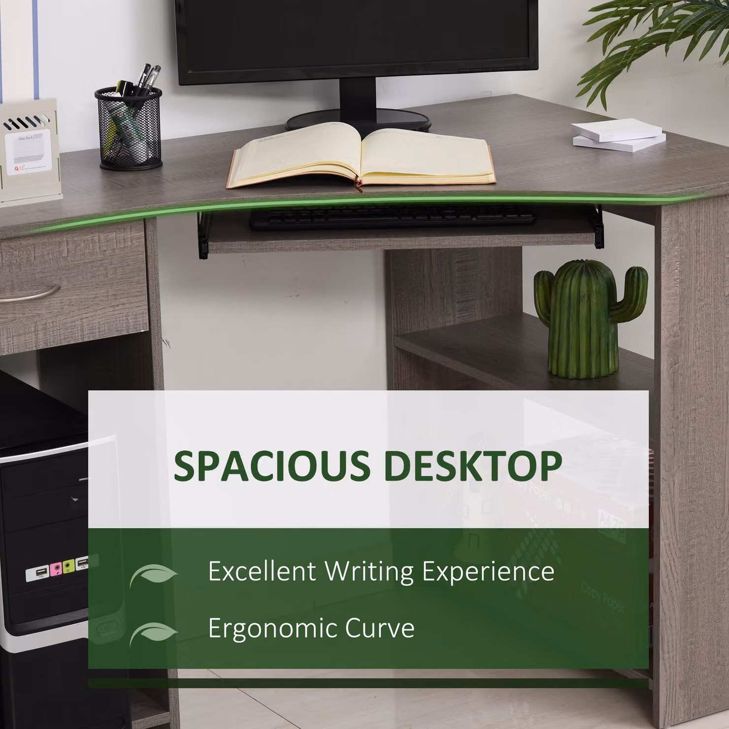 HOMCOM L-Shaped Corner Computer Desk with 2 Shelves, Keyboard Tray, Drawer and CPU Stand in Grey – 4