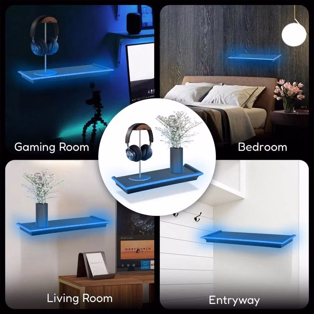 GEEZY Black Floating Wall Mounted Shelf with Integrated Blue LED Neon Light – 5