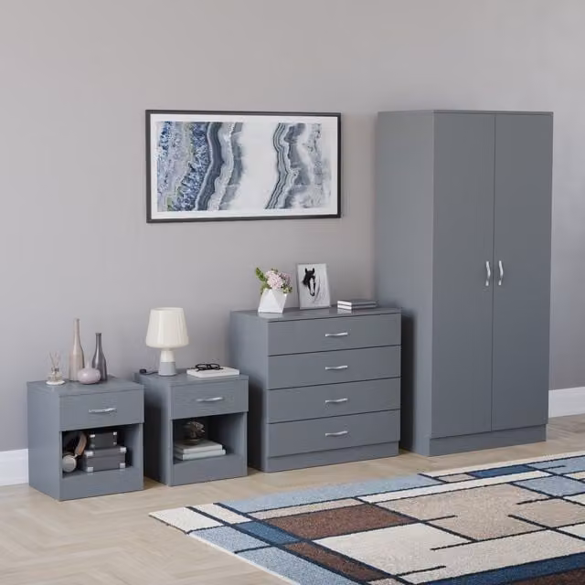 Vida Designs Riano 4 Piece Modern Grey Bedroom Set including 2 Nightstands, 1 Chest of Drawers and 1 Wardrobe