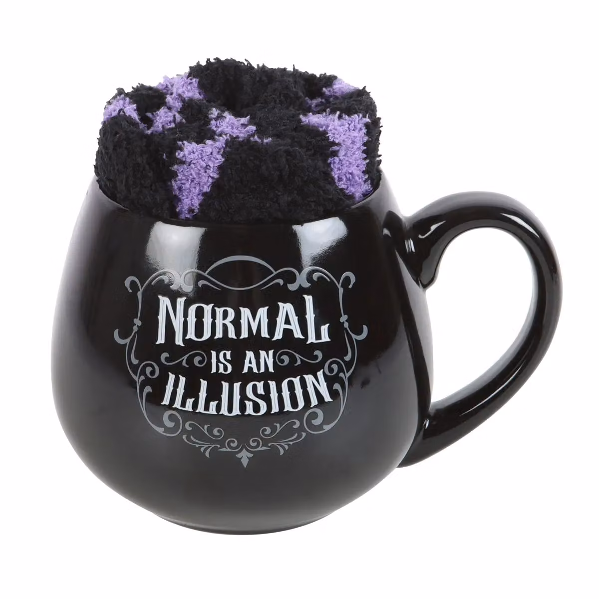 Something Different Normal Is An Illusion Gothic Ceramic Mug and Striped Sock Set in Black – 2