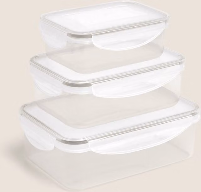 M&S Set of 3 Grey Transparent Plastic Food Storage Containers with Snap Lids