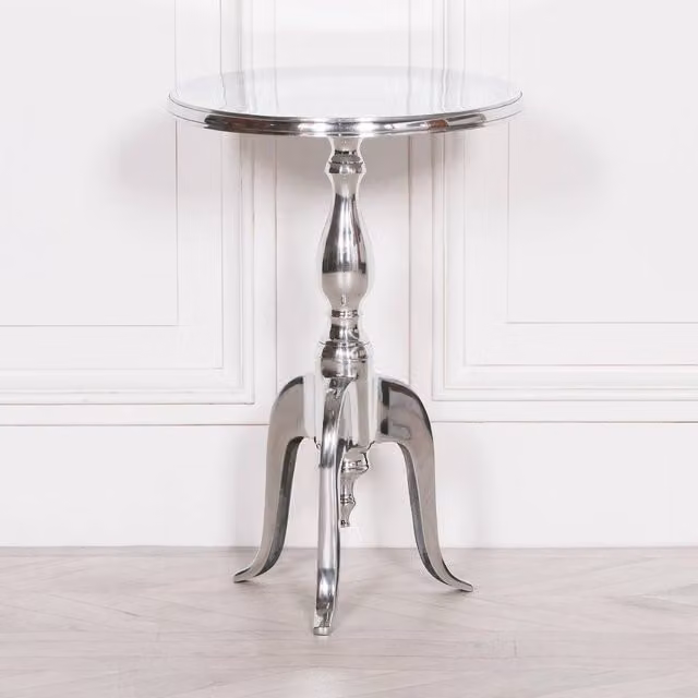 PAWNORA Metal Round Side Occasional Table in Silver, H: 57 cm, W: 40 cm, D: 40 cm