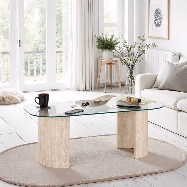 Seconique Modena Modern Glossy Coffee Table in Beige with Glass Top