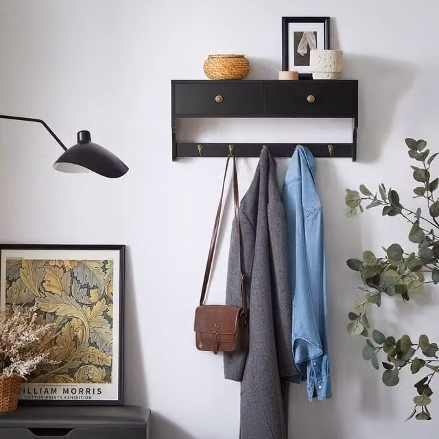 SoBuy Modern Wall-Mounted Coat Rack with Dual Drawers and Shelf in Black, W: 60 cm, D: 15 cm – 1