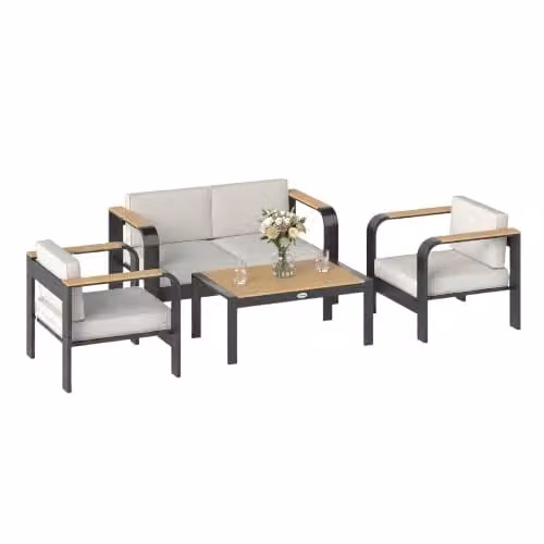 Outsunny 4 Seater Aluminium Garden Furniture Set with Beige Olefin Cushions