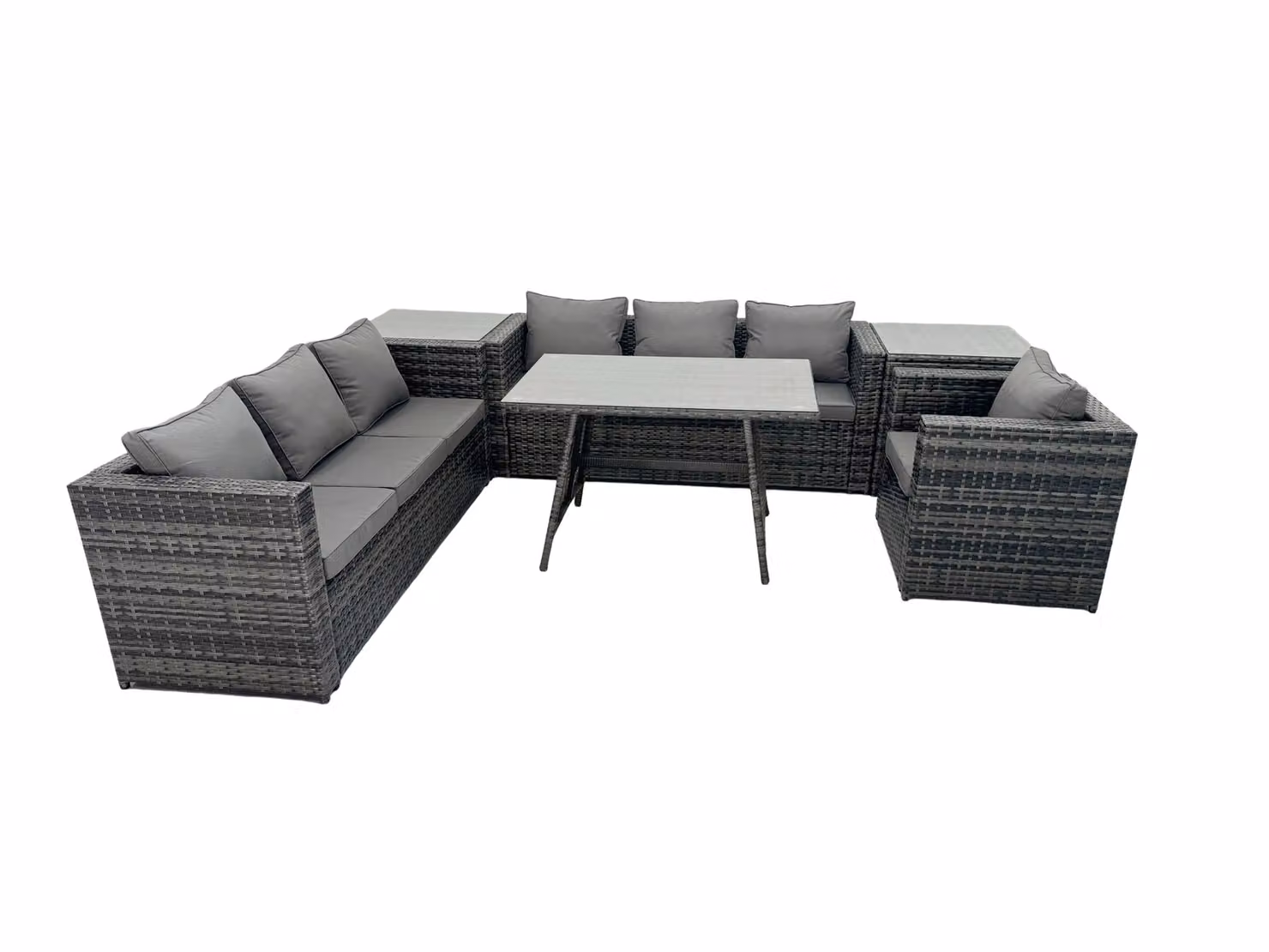 Fimous 7-Seater Rattan Dining Set with 2 Side Tables in Dark Grey – 2