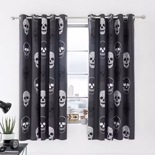 Catherine Lansfield Skulls Fully Reversible Eyelet Curtains, Grey, W: 168 cm, H: 183 cm – 1