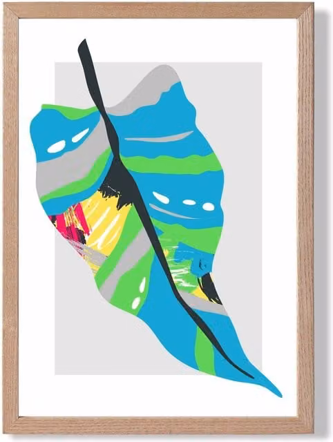 ARTZE Tropical Palm Blue and Green Abstract Minimalist Framed Print with Oak Frame