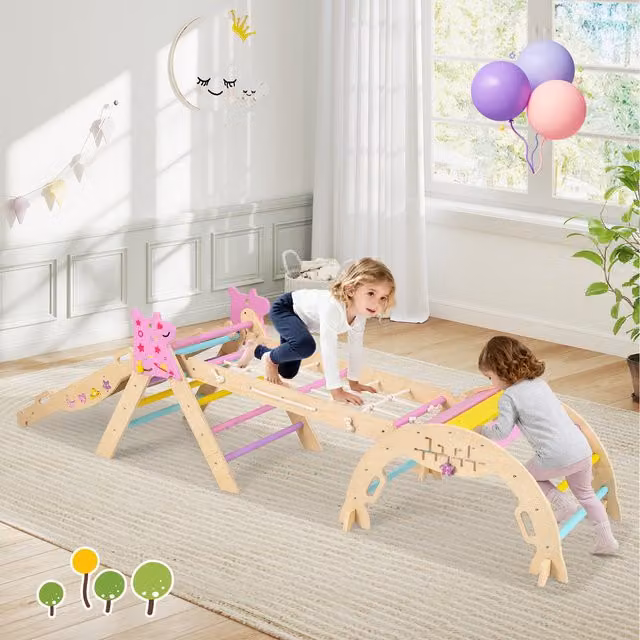 Costway Macaron Jungle Gym Climber Playground in Pink and Multicolour, Foldable Wooden Design