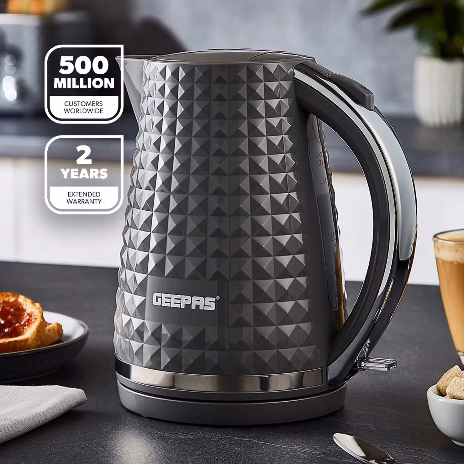 Geepas Argyle 1.7 l Cordless Jug Kettle in White and Grey with 2200W Power and Auto Shut Off – 1