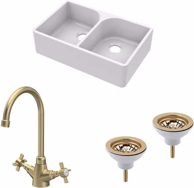 Balterley White Ceramic Double Bowl Butler Sink with Brushed Brass Mixer Tap and Wastes, Width: 79.5 cm