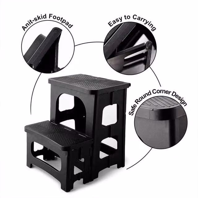 VOGREX Foldable 2-Step Ladder Stool in Black – 1