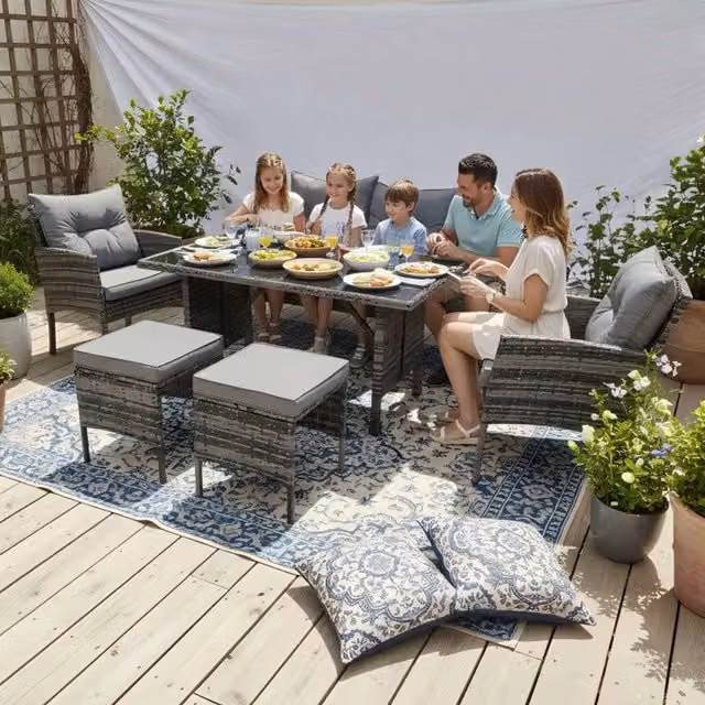 BIRCHTREE 7-Seater Modern Grey Rattan and Metal Furniture Set